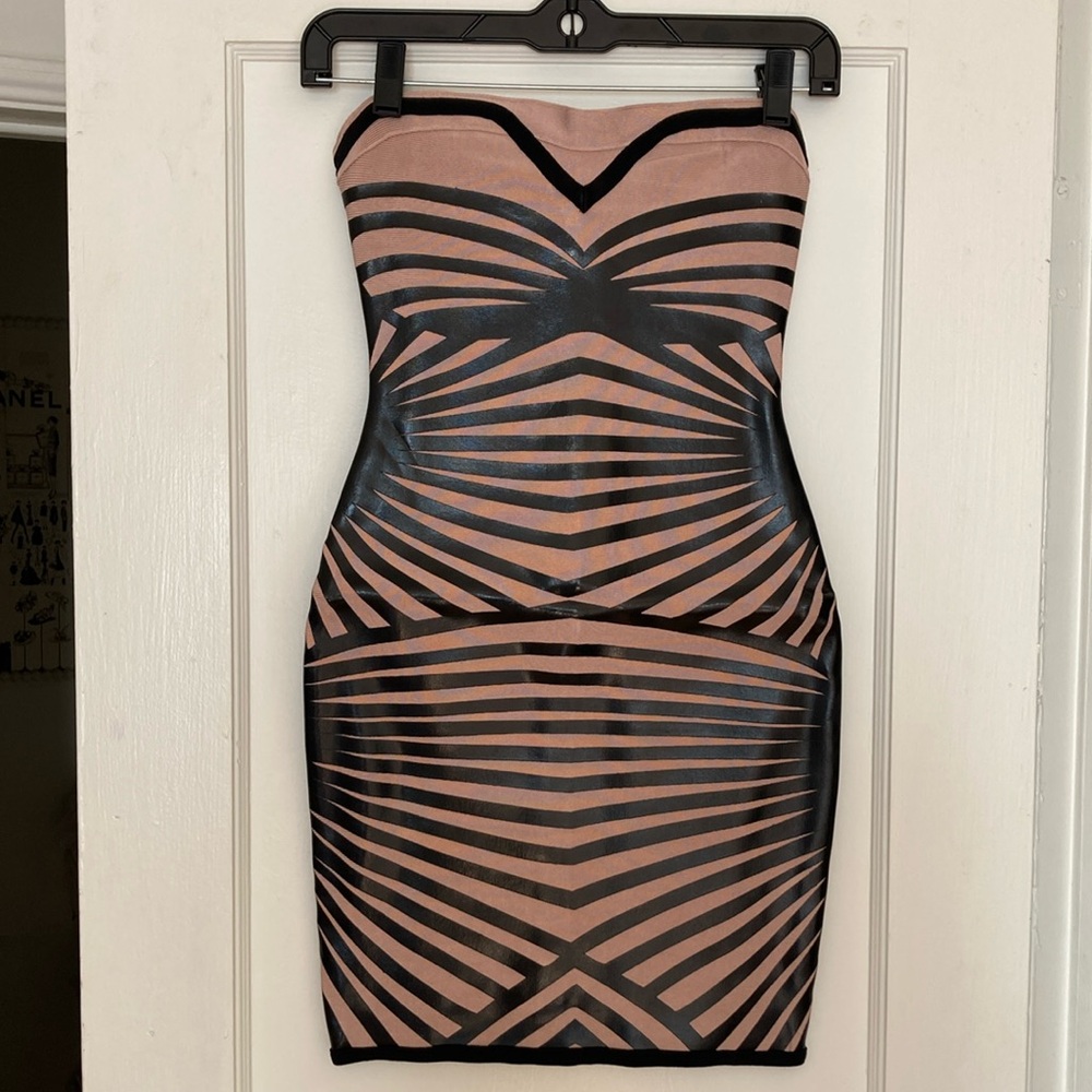 HOST PICK #61 Strapless Beige Leather Bodycon Sexy Mini Bandage Dress XXS XS - Picture 7 of 9